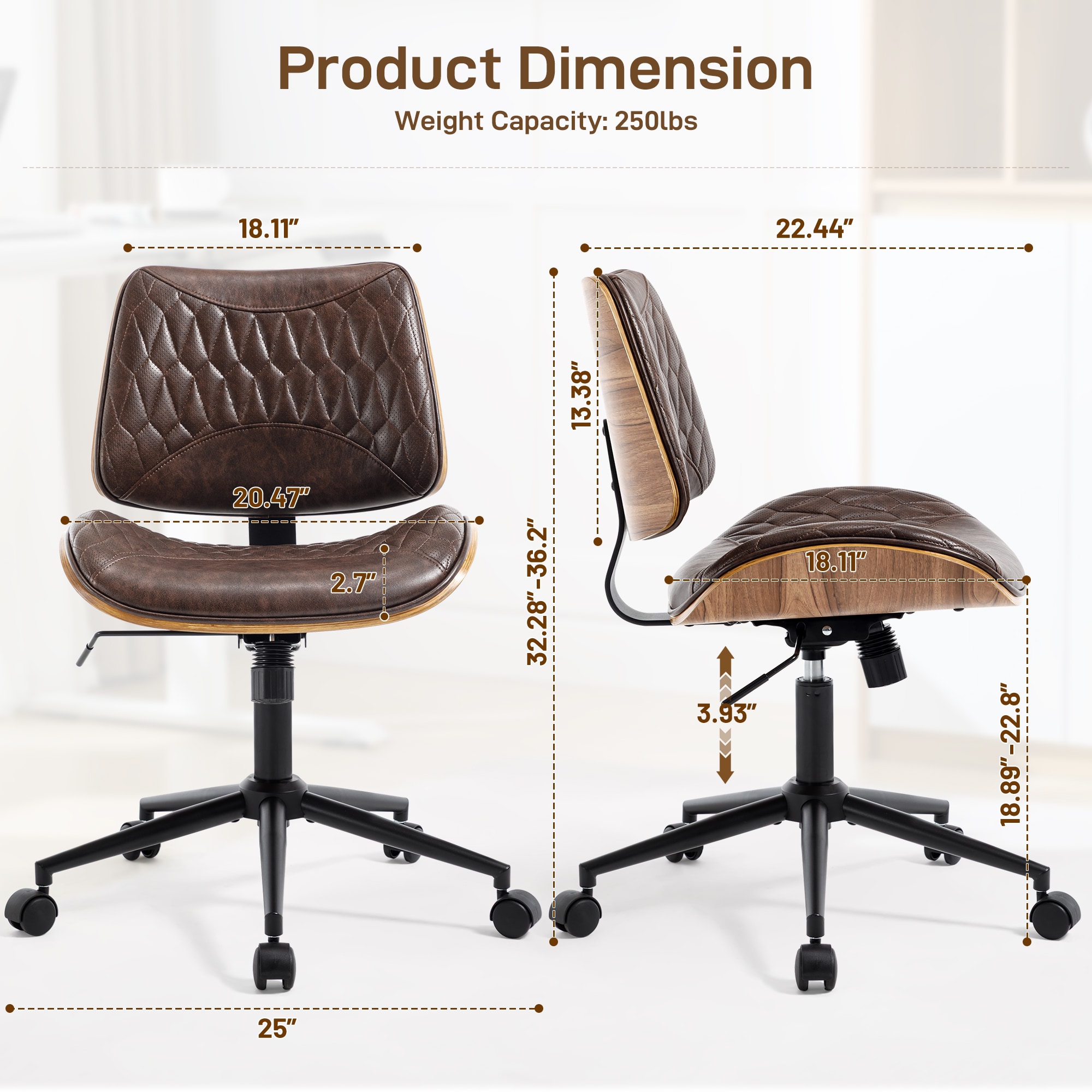 Armless Office Chair With Wheels, Adjustable Height Mid Back Small Desk Chair, Modern Walnut Bentwood Back, PU Leather Swivel Rolling Computer Task Chair For Home Office, Meeting Room, Study, Set Of 1_voghion.com